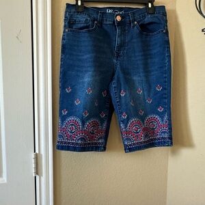 Embroidered Denim Shorts with Red and Blue Accents.